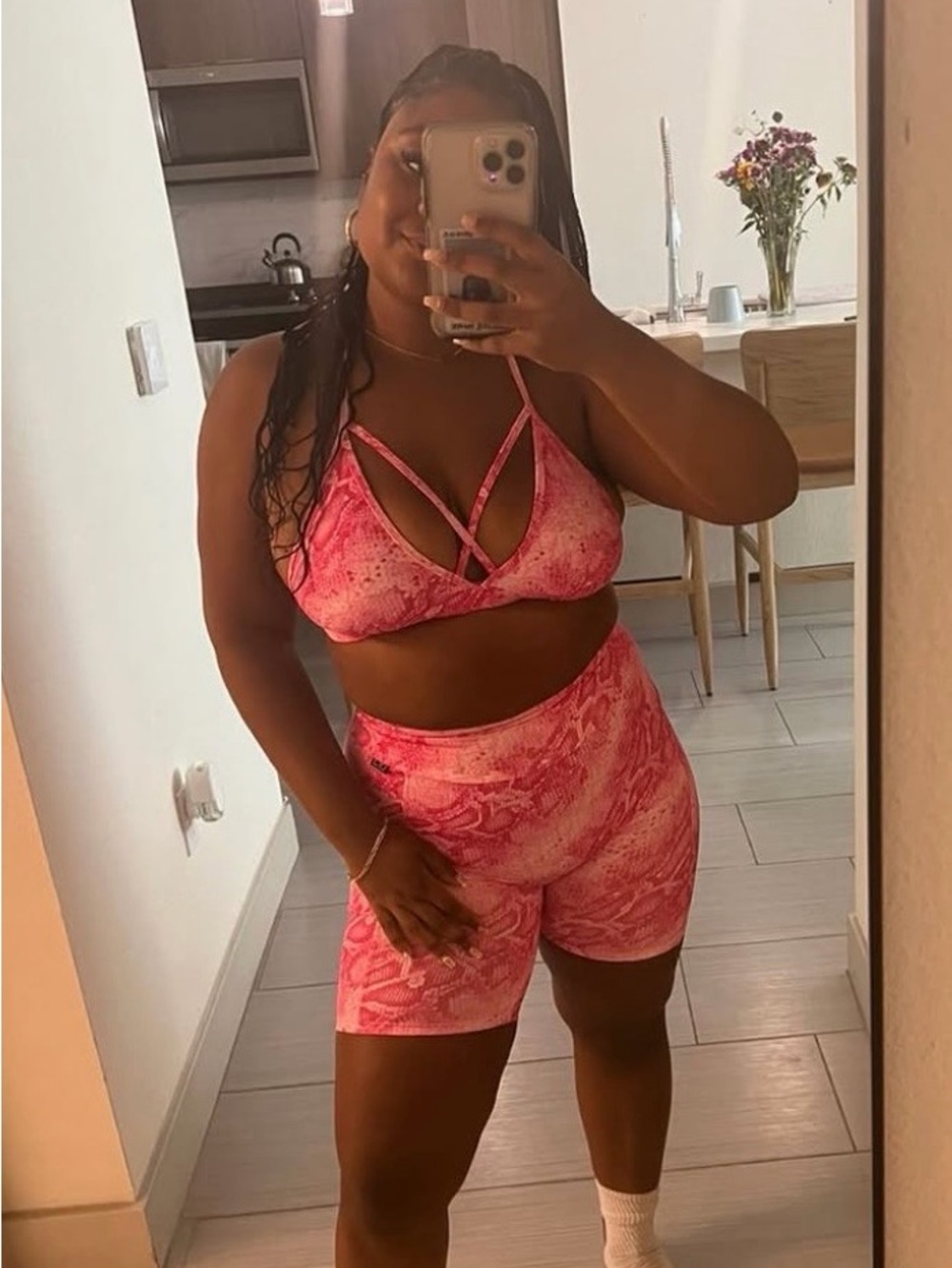 Pink snake print bra and biker shorts